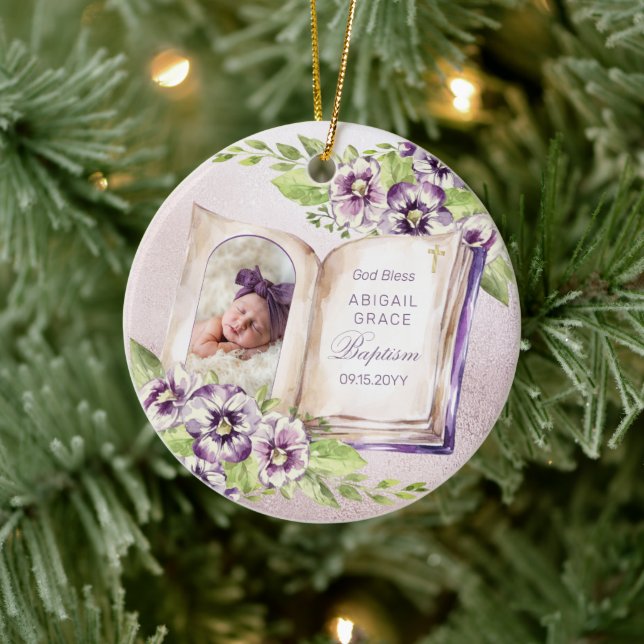 Purple Violet Arched Photo Unique Baptism Keepsake Ceramic Ornament (Tree)