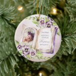 Purple Violet Arched Photo Unique Baptism Keepsake Ceramic Ornament<br><div class="desc">This design is unique in that it is created within the pages of a book with an arched photo of your little one to the left nestled among a bed of purple violets. The text rests on the book page to the right with a gold tone trinity cross in the...</div>