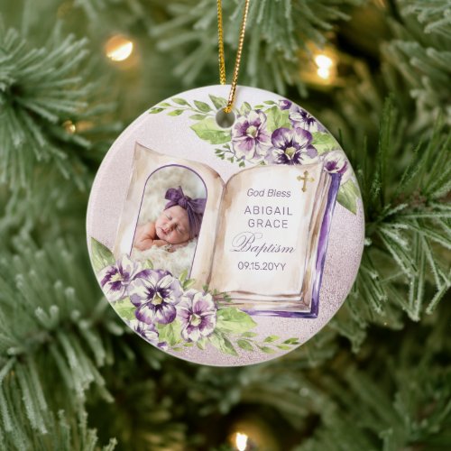 Purple Violet Arched Photo Unique Baptism Keepsake Ceramic Ornament