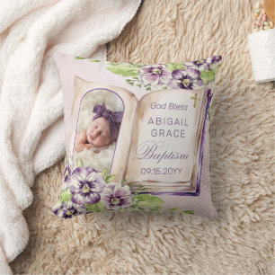 Purple Violet Arched Photo Unique Baptism Keepsake Throw Pillow