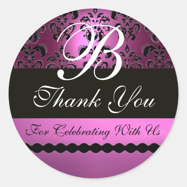 PURPLE VIOLET BLACK DAMASK MONOGRAM CLASSIC ROUND STICKER (Front)
