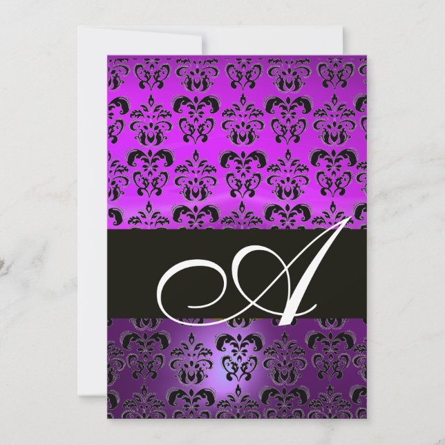 PURPLE VIOLET BLACK  DAMASK MONOGRAM , white Invitation (Front)