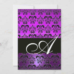 PURPLE VIOLET BLACK DAMASK MONOGRAM , white Invitation