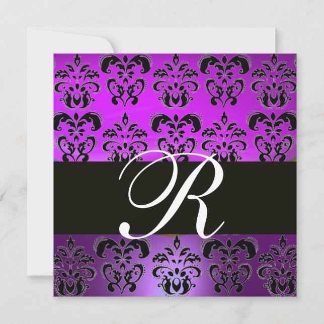 PURPLE VIOLET BLACK DAMASK MONOGRAM,,white Invitation (Front)