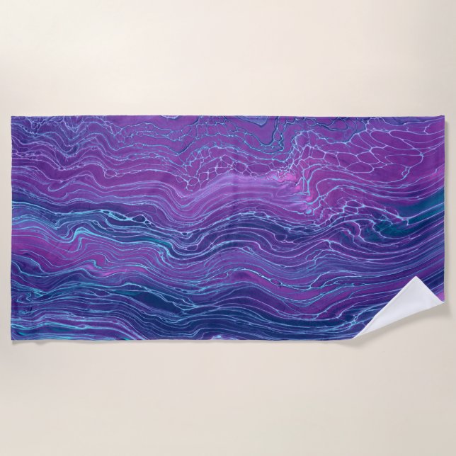 Purple Violet Blue Marbling Acrylic Abstraction Beach Towel (Front)