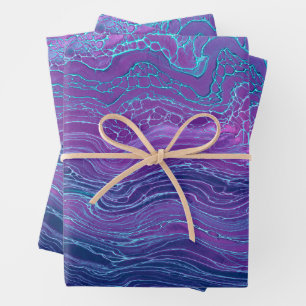 Purple Violet Blue Marbling Acrylic Abstraction Wrapping Paper Sheets