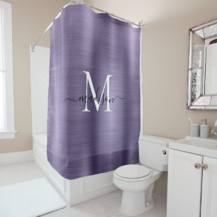 Purple Violet Brushed Metal Monogram Girly Script Shower Curtain