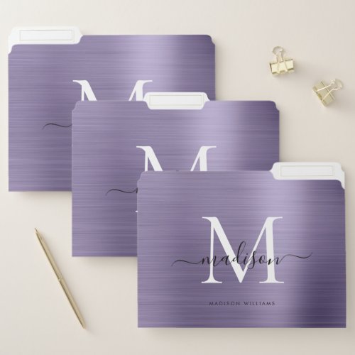 Purple Violet Brushed Metal Monogram Script Name File Folder