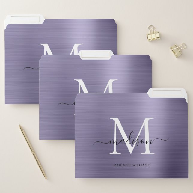Purple Violet Brushed Metal Monogram Script Name File Folder (Set)