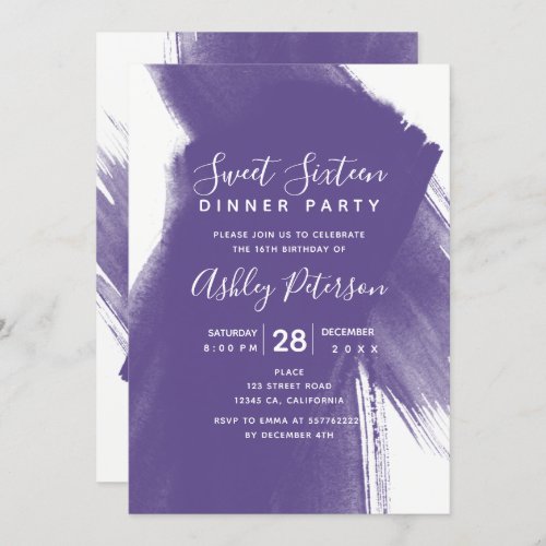 Purple violet brushstrokes typography Sweet 16 Invitation