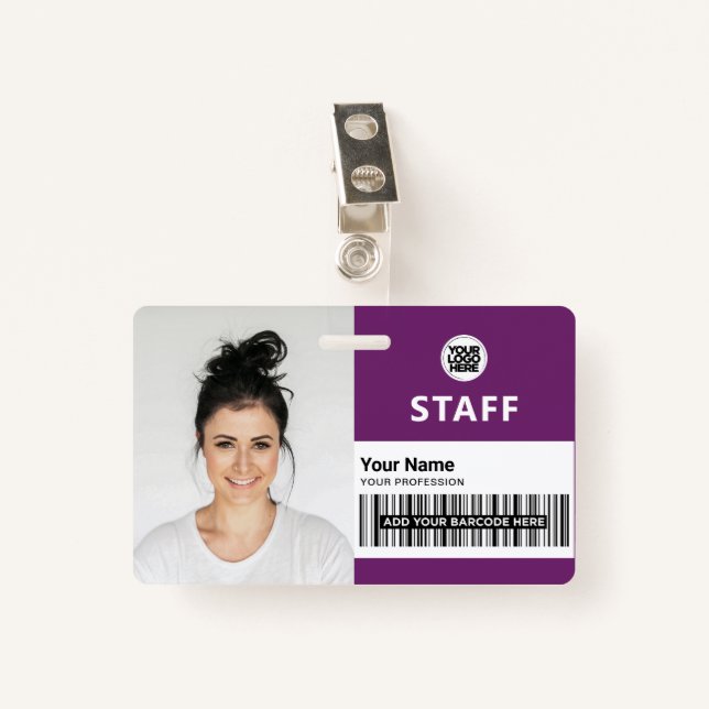 Purple Violet Business Photo Staff ID Badge (Front with Clip)