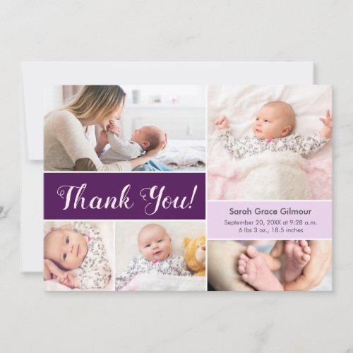 Purple violet Custom baby girl photo collage Thank You Card