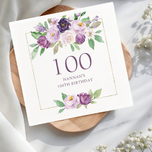 Purple Violet Floral 100th Birthday Napkins
