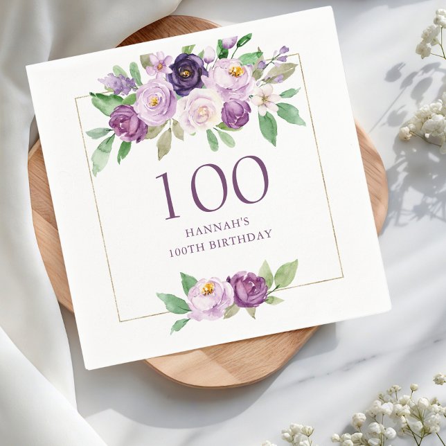 Purple | Violet Floral 100th Birthday Napkins (Creator Uploaded)