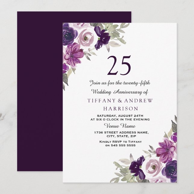 Purple Violet Floral 25th Wedding Anniversary Invitation (Front/Back)