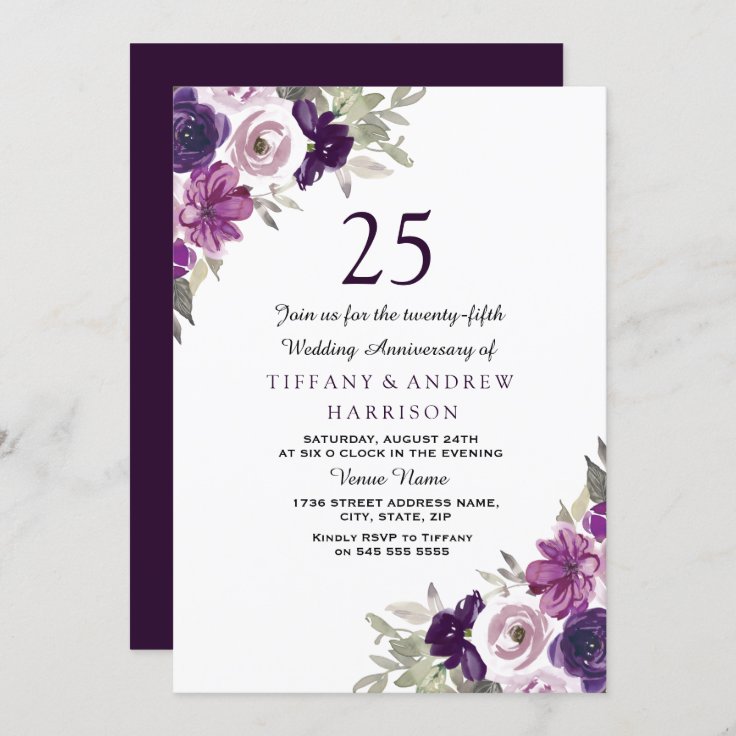 Purple Violet Floral 25th Wedding Anniversary Invitation | Zazzle