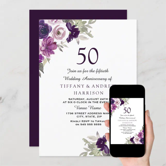 Purple Violet Floral 50th Wedding Anniversary Invitation | Zazzle