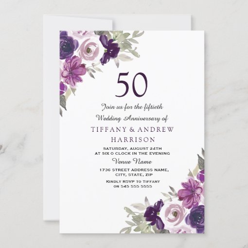 Purple Violet Floral 50th Wedding Anniversary Invitation 