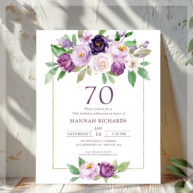 Purple | Violet Floral 70th Birthday Invitation  (Creator Uploaded)