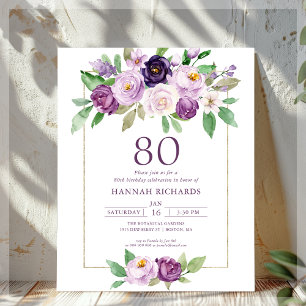 Purple   Violet Floral 80th Birthday Invitation