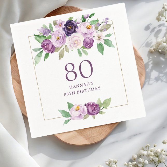 Purple | Violet Floral 80th Birthday Napkins (Creator Uploaded)