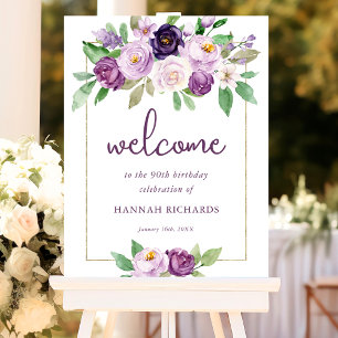 Purple   Violet Floral 90th Birthday Welcome Foam Board