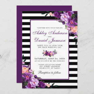 Purple Violet Floral Black Stripes Wedding PB Invitation