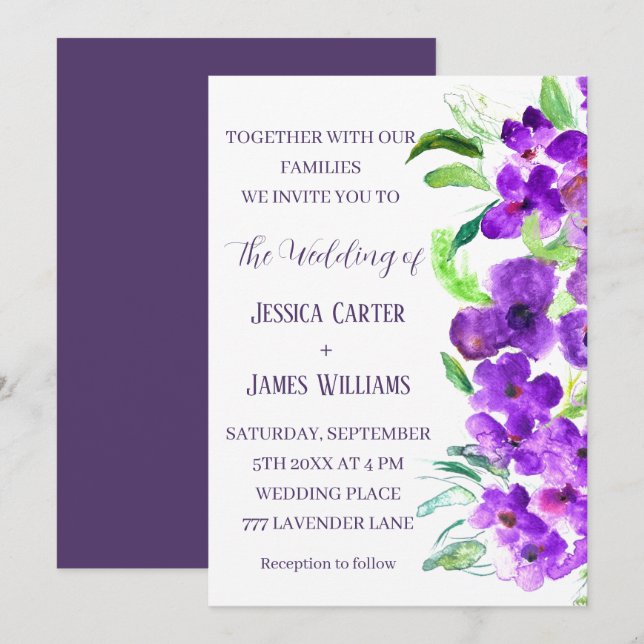 Purple Violet Floral Boho Summer Wedding Invitation (Front/Back)