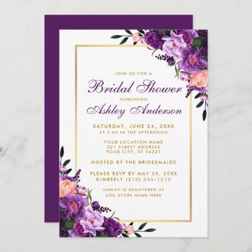 Purple Violet Floral Gold Bridal Shower Invite P
