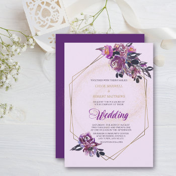 Purple Violet Floral Gold Frame Wedding Invitation by AvenueCentral at Zazzle