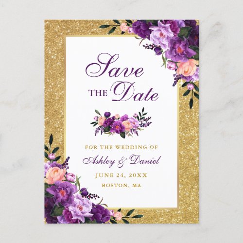 Purple Violet Floral Gold Glitter Save the Date Announcement Postcard