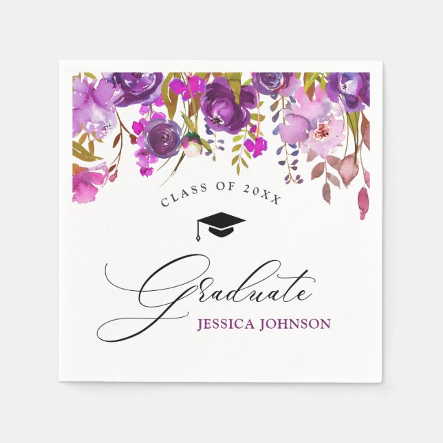 Purple Violet Floral Modern Style Graduation Party Napkins (Front)
