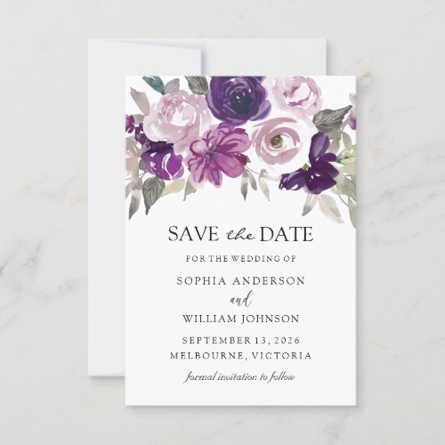 Purple Violet Floral Watercolor Wedding Save The Date