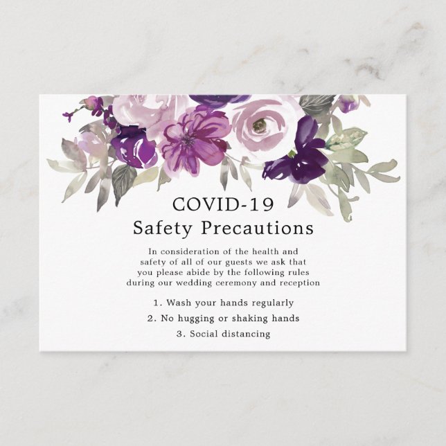 Purple Violet Floral Wedding COVID-19 Safety Enclosure Card (Front)