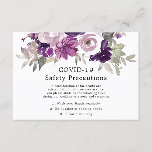 Purple Violet Floral Wedding COVID_19 Safety Enclosure Card