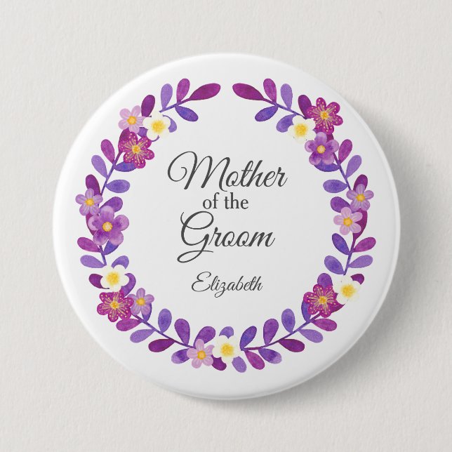 Purple / Violet Floral Wreath Mother of Groom Button (Front)