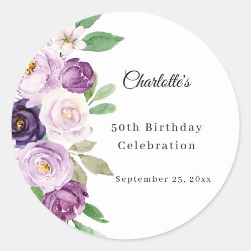 Purple violet florals birthday classic round sticker
