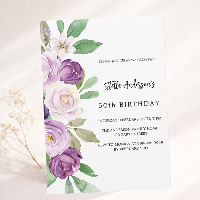 Purple violet florals birthday invitation (Creator Uploaded)