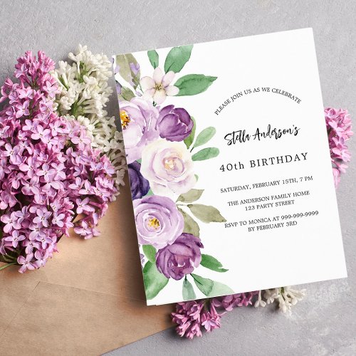 Purple violet florals budget birthday invitation