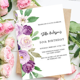 Purple violet florals luxury birthday invitation
