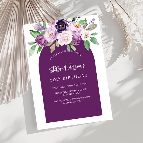 Purple violet florals luxury birthday invitation