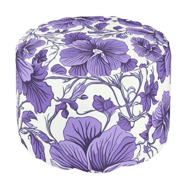 Purple Violet Flowers Botanical Floral Pattern Pouf (Angled Front)