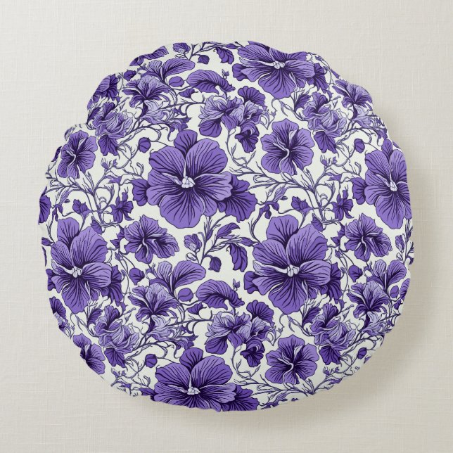 Purple Violet Flowers Botanical Floral Pattern Round Pillow (Front)