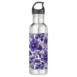 Purple Violet Flowers Botanical Floral Pattern Stainless Steel Water Bottle