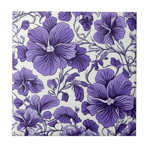 Purple Violet Flowers Botanical Floral Seamless Ceramic Tile