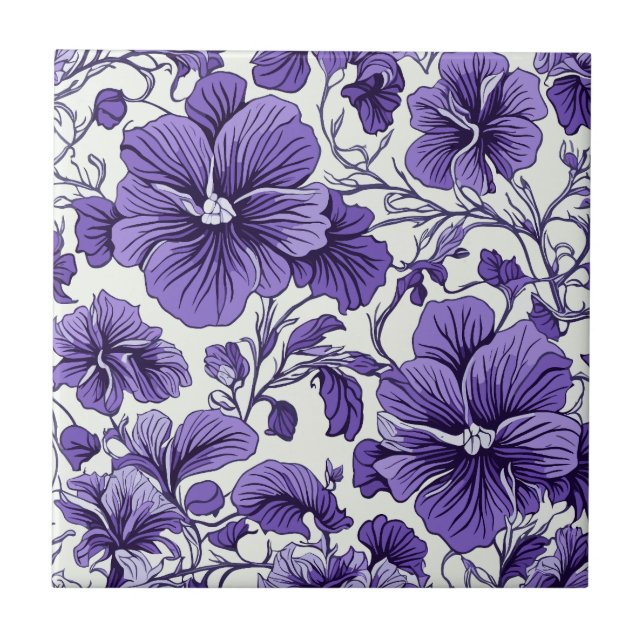 Purple Violet Flowers Botanical Floral Seamless Ceramic Tile (Front)