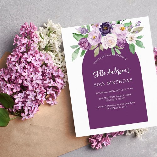 Purple violet flowers budget birthday invitation
