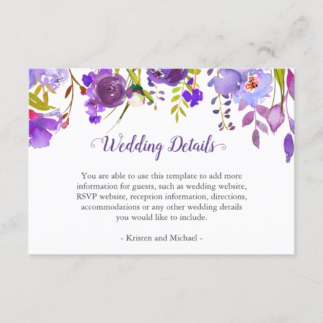 Purple Violet Flowers Wedding Details Reception Enclosure Card