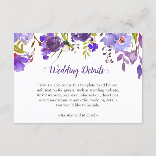 Purple Violet Flowers Wedding Details Reception Enclosure Card - Purple Violet Flowers Wedding Details Reception Card. 
(1) For further customization, please click the "customize further" link and use our design tool to modify this template. 
(2) If you prefer Thicker papers / Matte Finish, you may consider to choose the Matte Paper Type. 
(3) If you need help or matching items, please contact me.