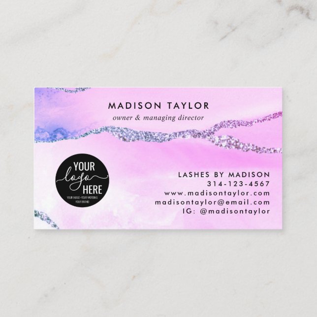 Purple Violet Glitter Agate Custom Logo Monogram Business Card (Back)